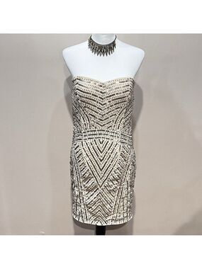 Temperance Dress M Beaded Sequin Strapless Cream Y2K Pom Bride Wedding Cocktail